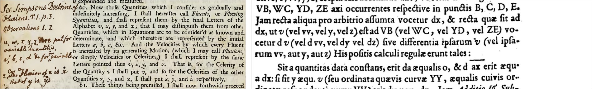 Newton's pointed fluxion letters in the 1736 Method of Fluxions beside Leibniz's dx and dy notation in the 1684 Nova Methodus